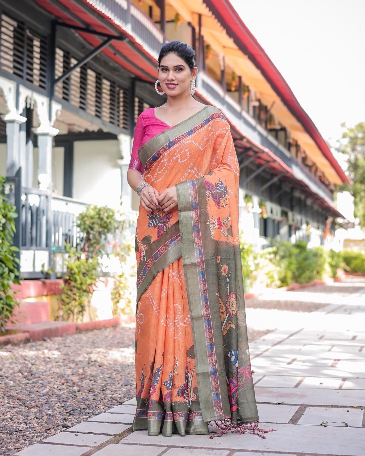 Madhubani Digital Print Linen Saree in Orange and Green with Temple Border – Trendraani