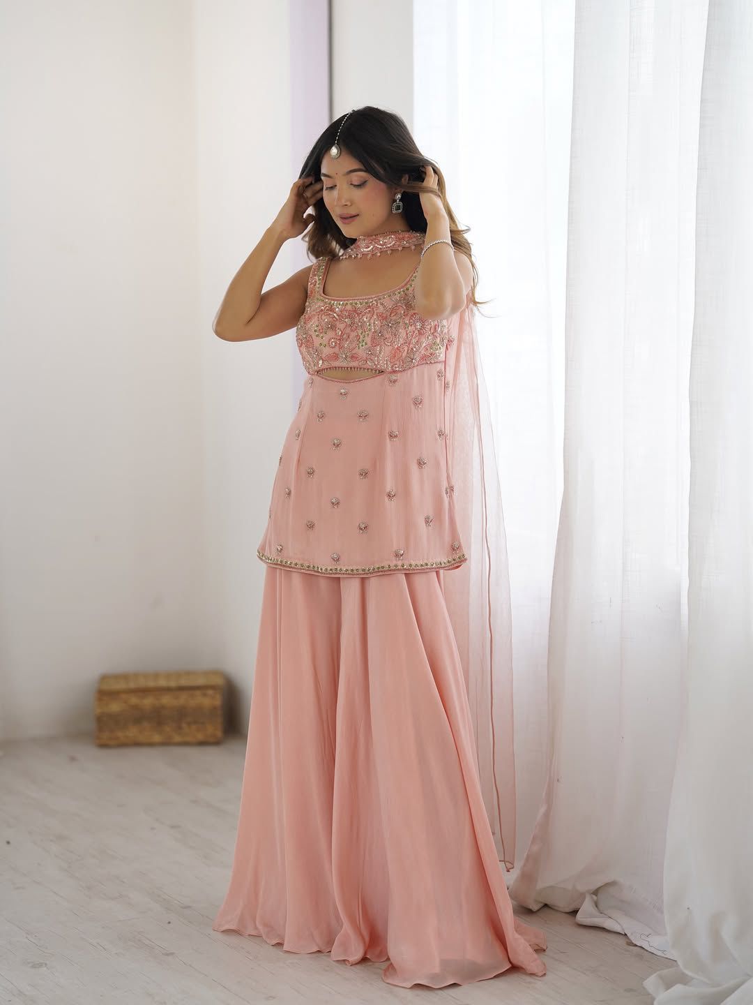 Designer Indo Western Outfit with Butterfly Net Dupatta and Palazzo Pants