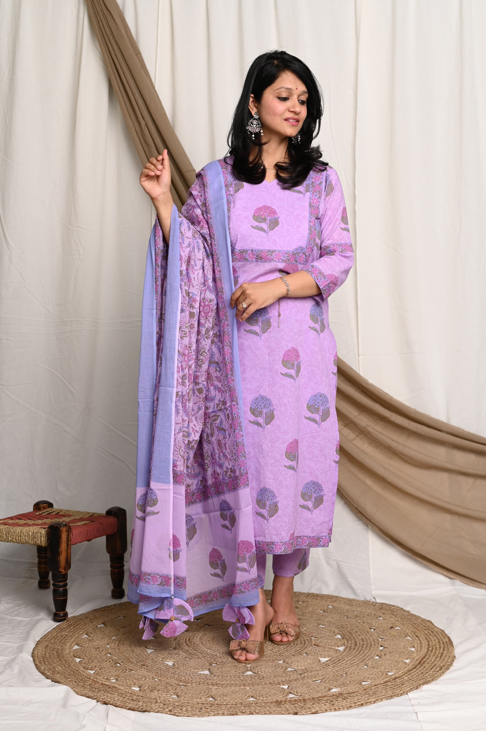 Lilac Cotton Handblock Suit Set with Sequin Yoke and Tassel Dupatta – Trendraani