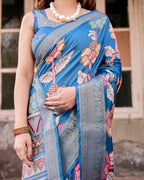 Royal Blue Banarasi Digital Print Saree with Zari Weaving & Bold Floral Motifs