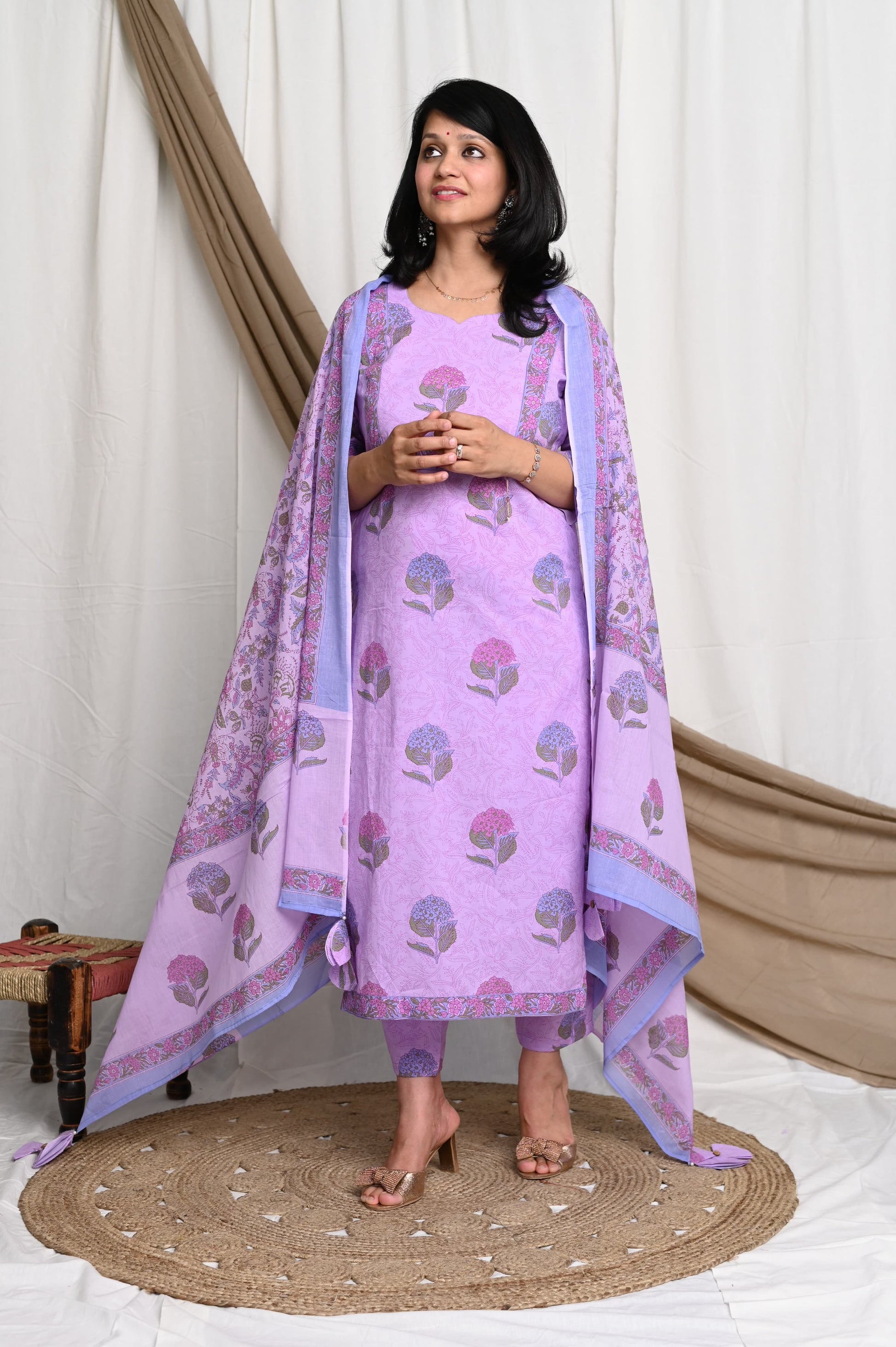 Lilac Handblock Kurta Pant Set with Tassel Dupatta – Summer Festive Wear