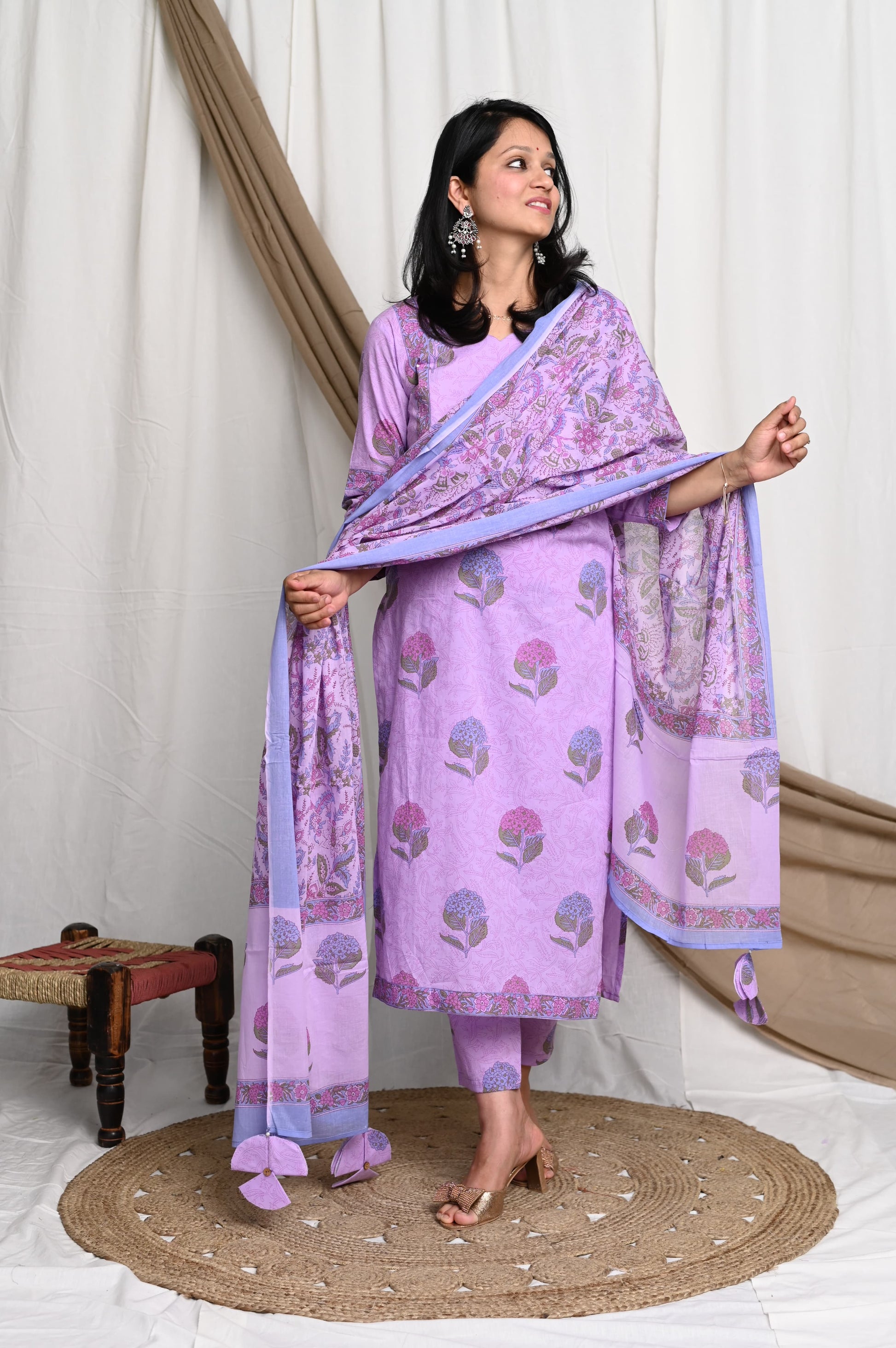 Three Piece Lilac Cotton Ethnic Suit with Handblock Print and Border Detailing