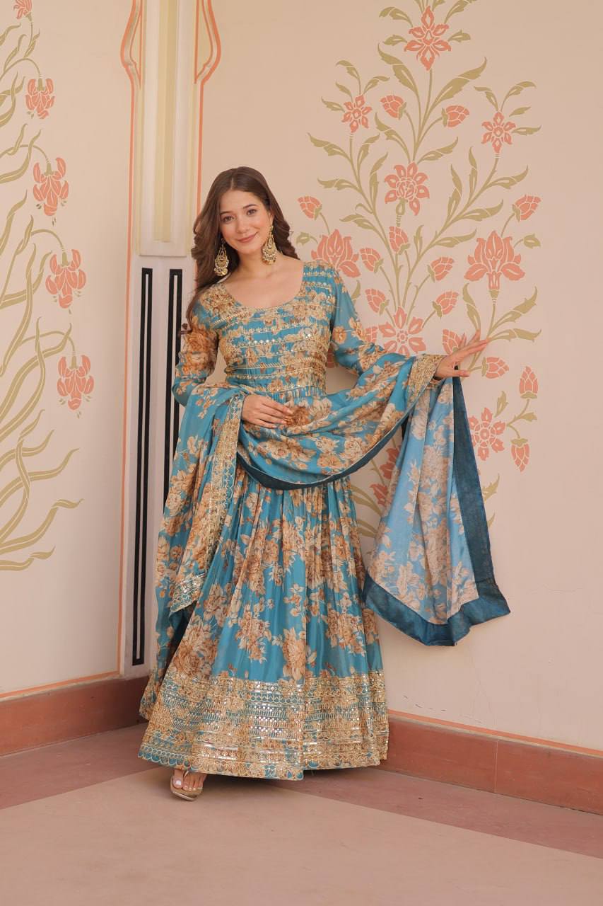 Partywear Gown with Sequins Work and Matching Dupatta