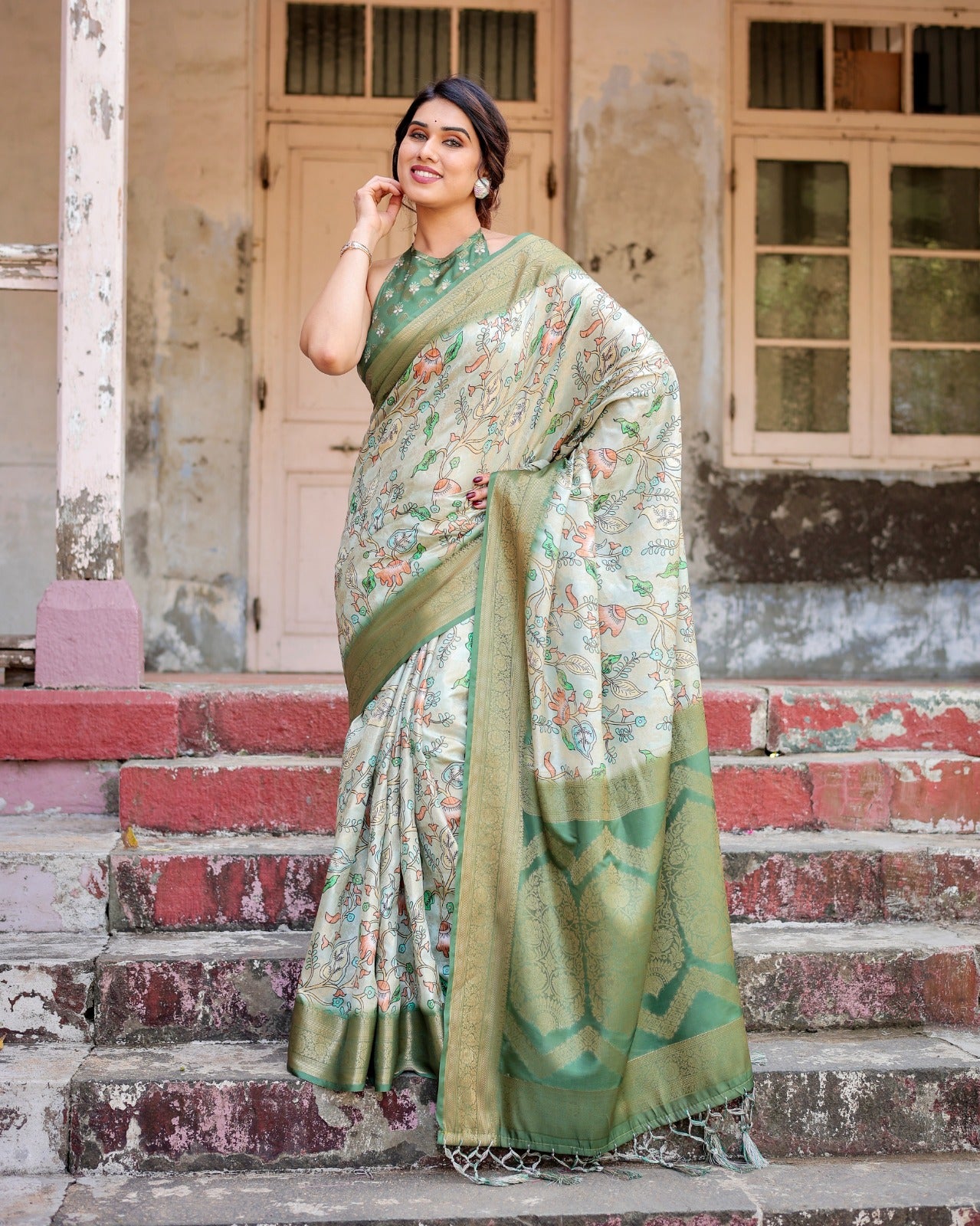 Sage Green Banarasi Digital Print Saree with Zari Pallu – Trendraani