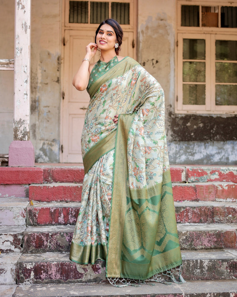 Sage Green Banarasi Digital Print Saree with Zari Pallu – Trendraani