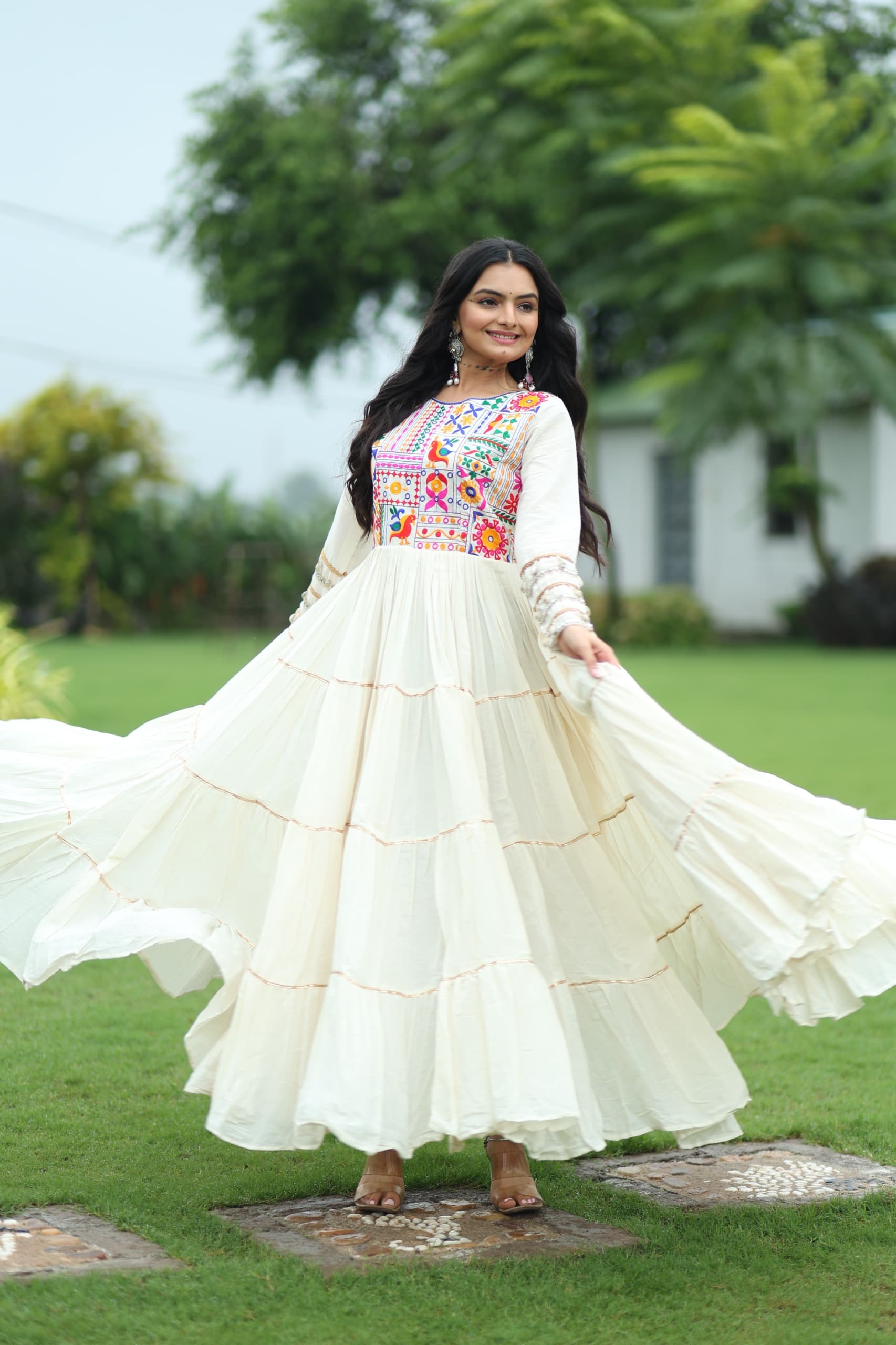 Off-White Kora Cotton Navratri Gown with Gota Patti Embroidery – Trendraani