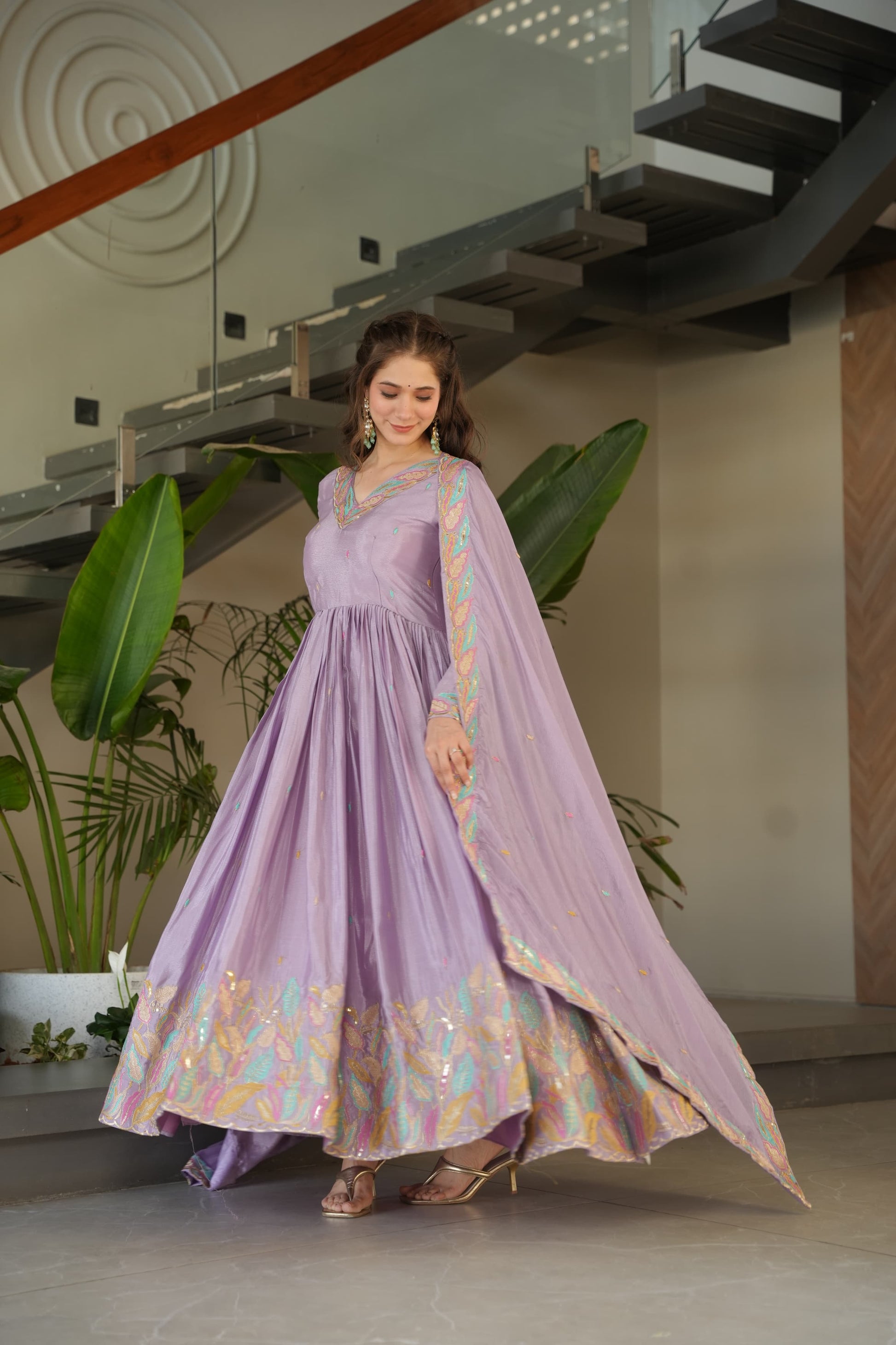 V-neck Chinnon Gown with Multi-Thread Work and Full Sleeves