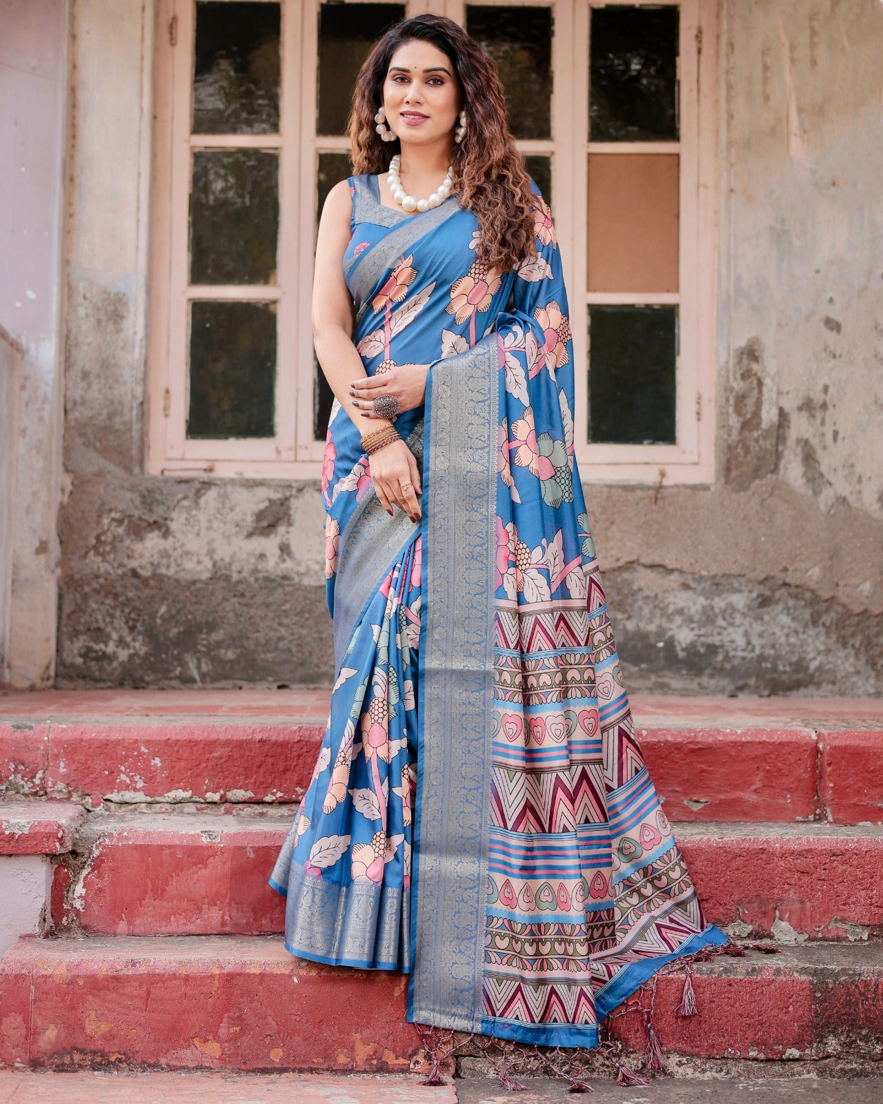 Royal Blue Banarasi Digital Print Saree with Zari Weaving & Bold Floral Motifs