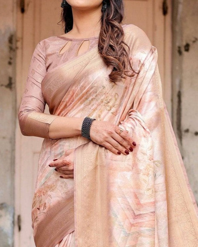 Elegant Digital Print Banarasi Saree in Beige with Designer Blouse
