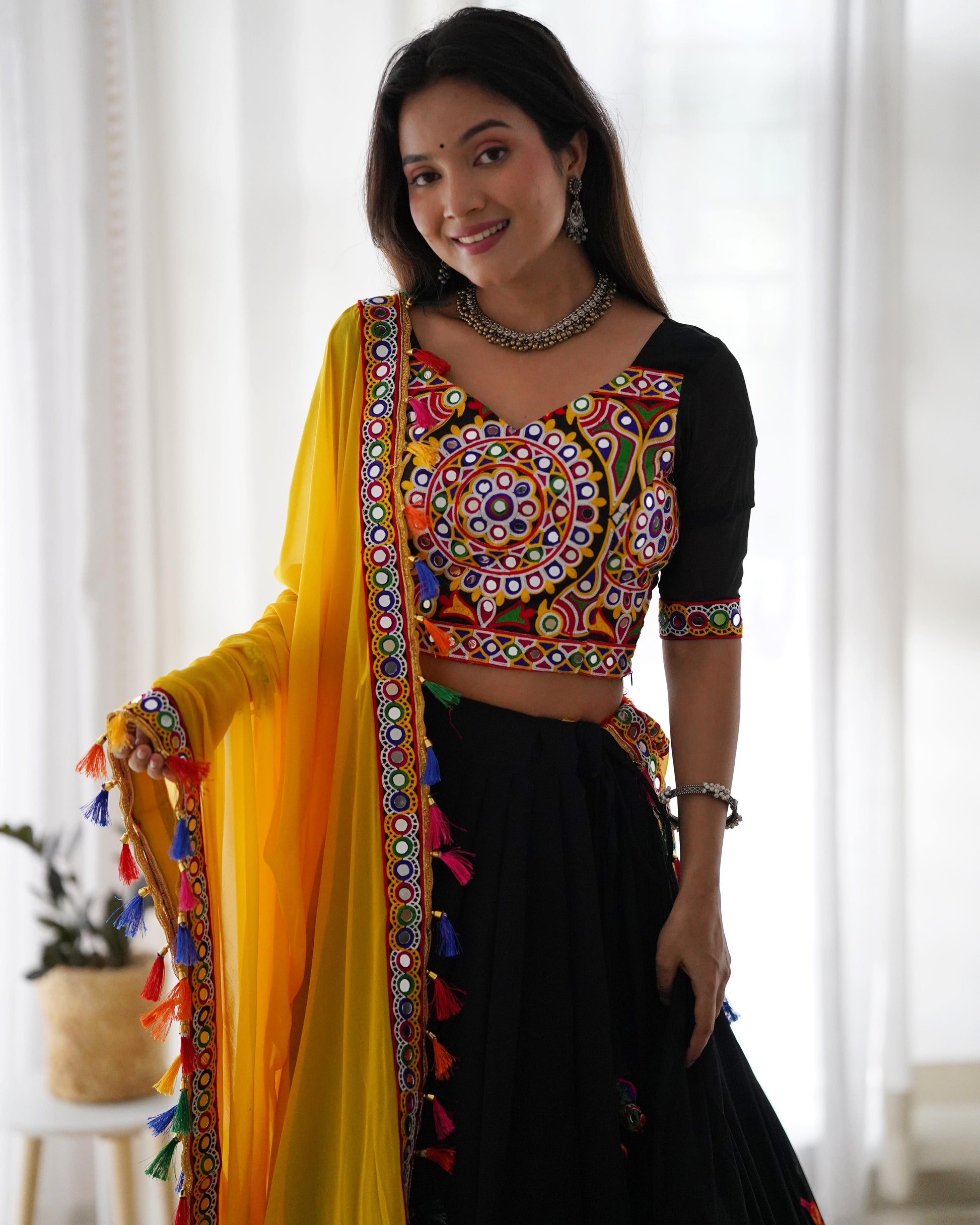 Semi-Stitched Mirror Work Lehenga with Dupatta – Festival Wear for Women