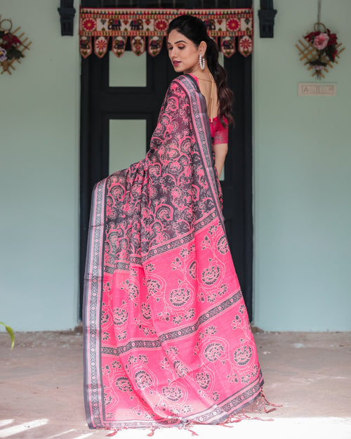Digital Floral Print Linen Saree for Women – Lightweight & Elegant