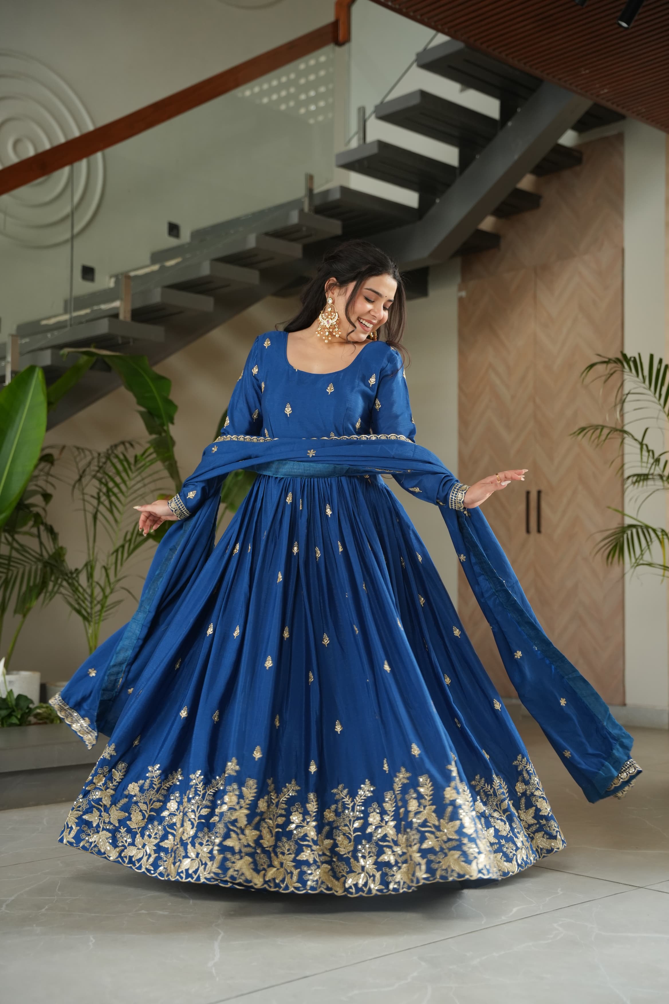 Party Wear Chinnon Gown with Lace Border Dupatta