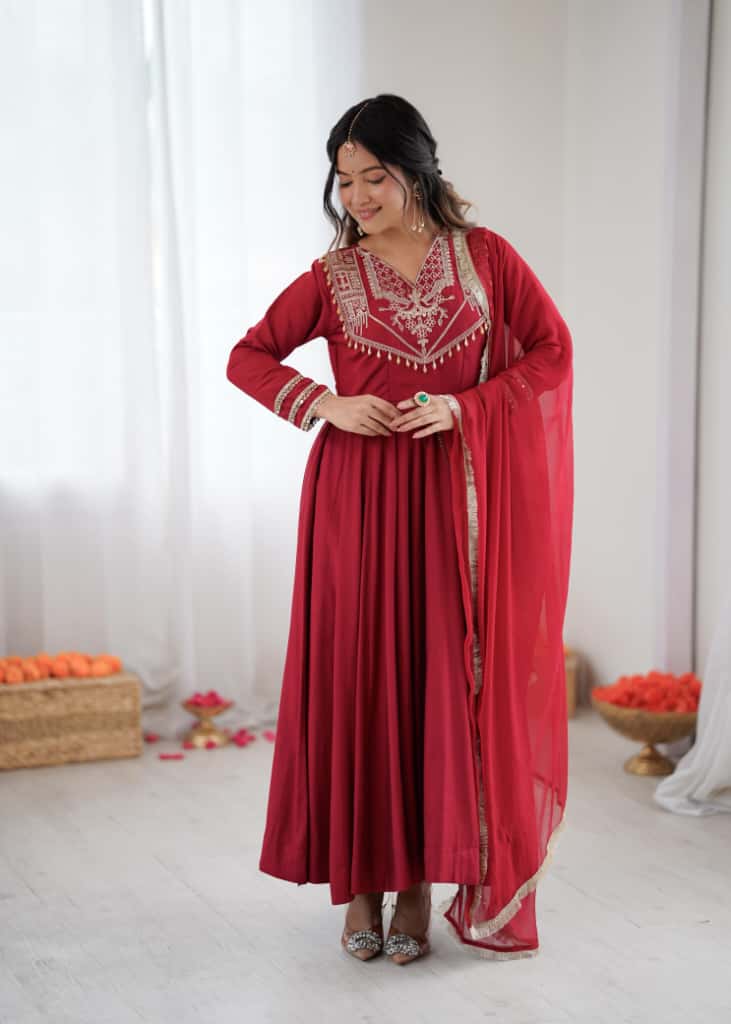 Designer Roman Silk Anarkali Gown with Dupatta and Bottom