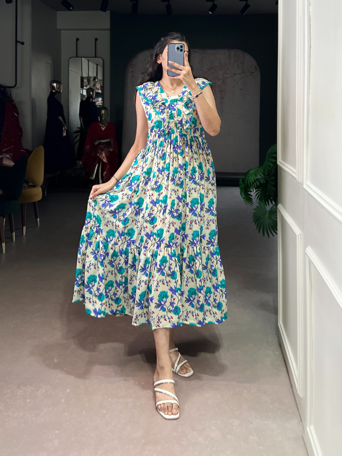 Stitched Floral Print Frock for Women