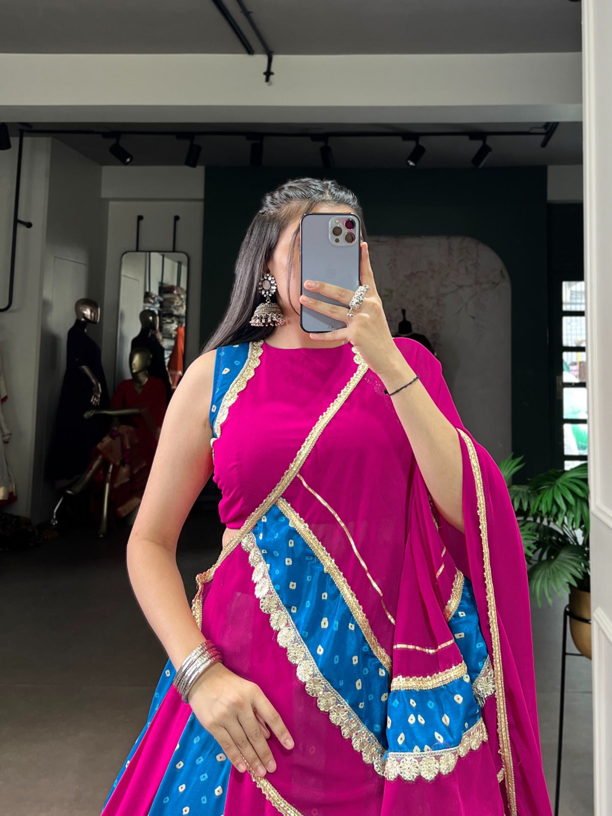 Magenta Blue Bandhej Navratri Lehenga Choli with Dupatta
