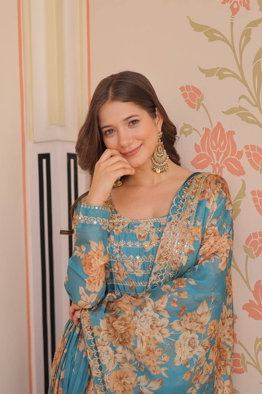 Ethnic Russian Silk Gown with Embroidered Detailing
