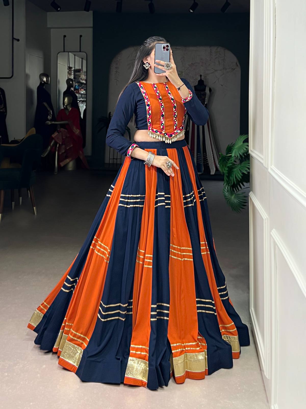 Designer Orange and Navy Navratri Lehenga Choli with Mirror Work – Trendraani