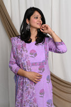 Three Piece Lilac Cotton Ethnic Suit with Handblock Print and Border Detailing