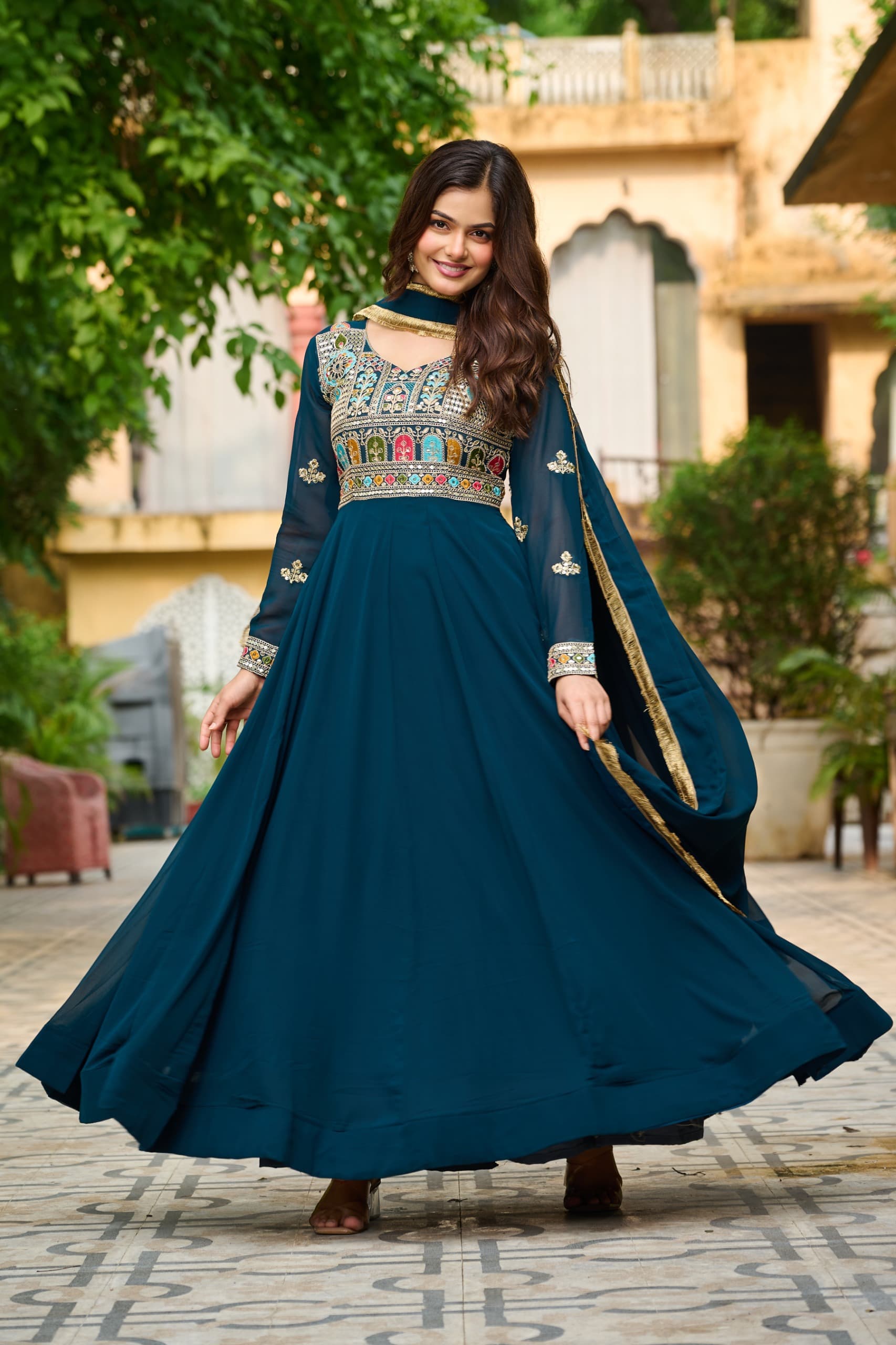 V Neck Maroon and Rama Color Gown with Zari Dupatta