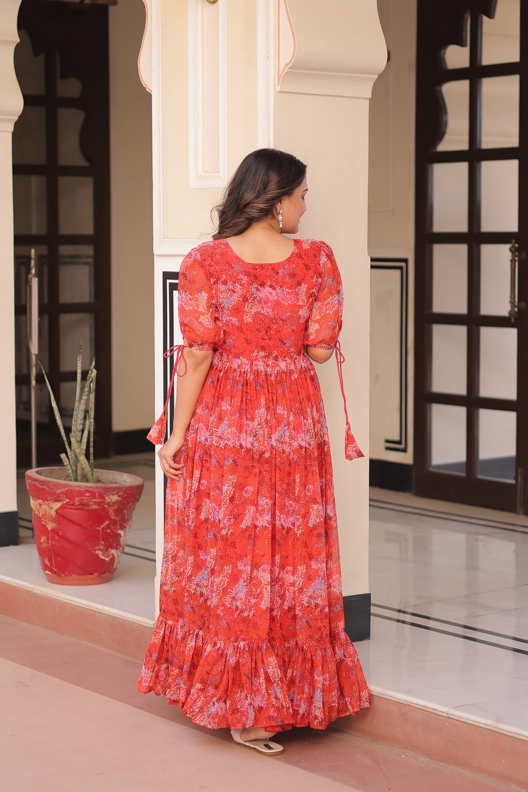 Faux Georgette Printed Gown with 7 Meter Flair & Bell Sleeves