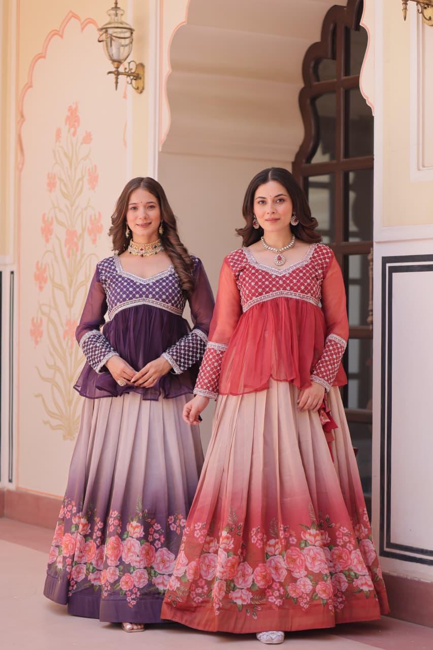 Cosmos Floral Print Lehenga with Beaded Chiffon Peplum Top