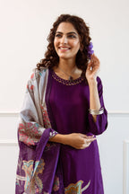 Purple Floral Silk Kurti Set with Dupatta for Festive Wear
