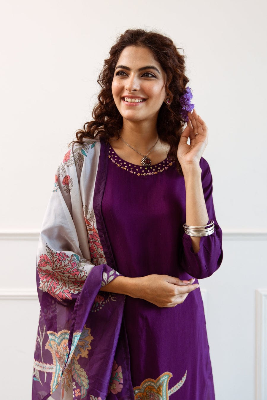 Purple Floral Silk Kurti Set with Dupatta for Festive Wear