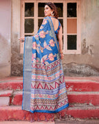 Royal Blue Banarasi Digital Print Saree with Zari Weaving & Bold Floral Motifs