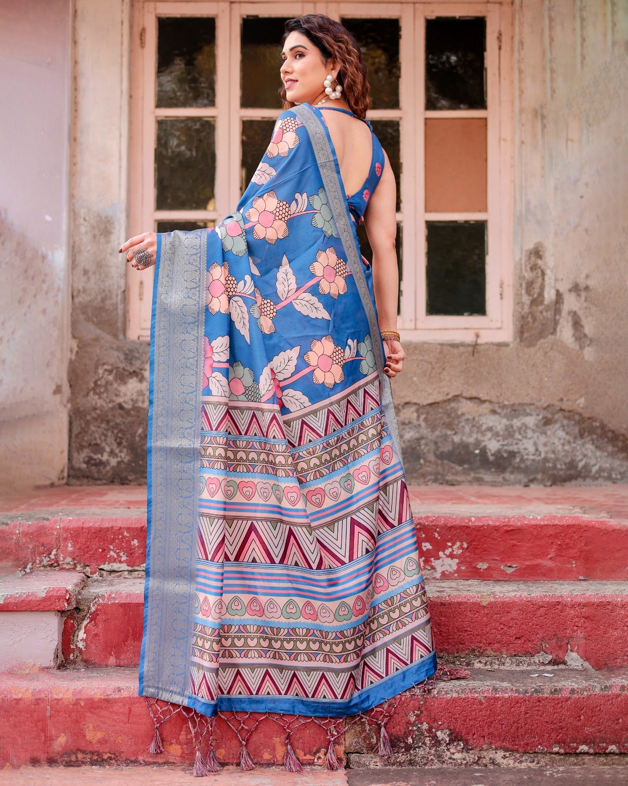 Royal Blue Banarasi Digital Print Saree with Zari Weaving & Bold Floral Motifs