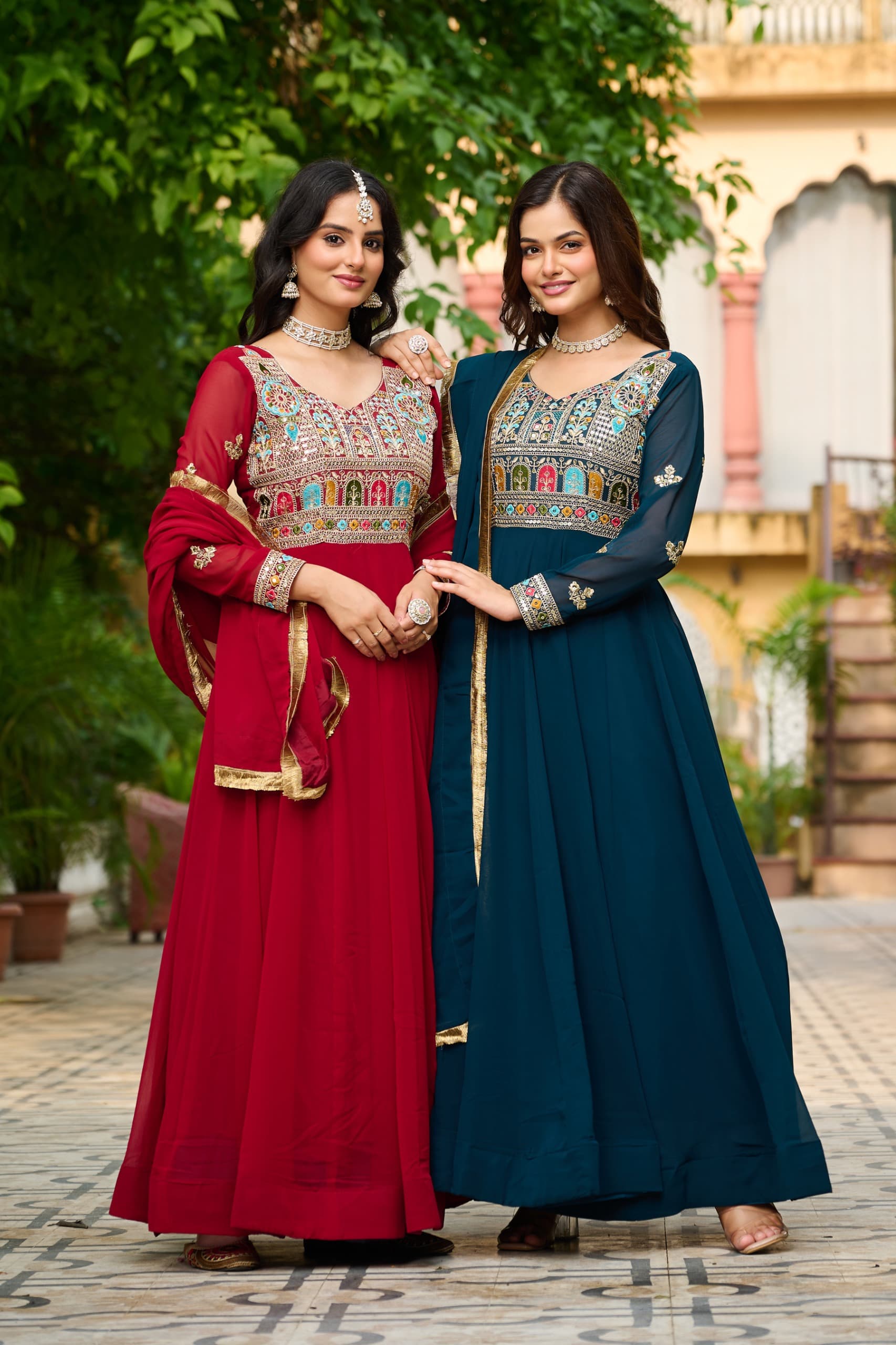 Embroidered Faux Blooming Gown with Dupatta – Trendraani 2025