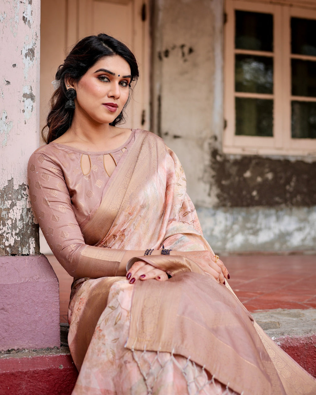 Elegant Digital Print Banarasi Saree in Beige with Designer Blouse