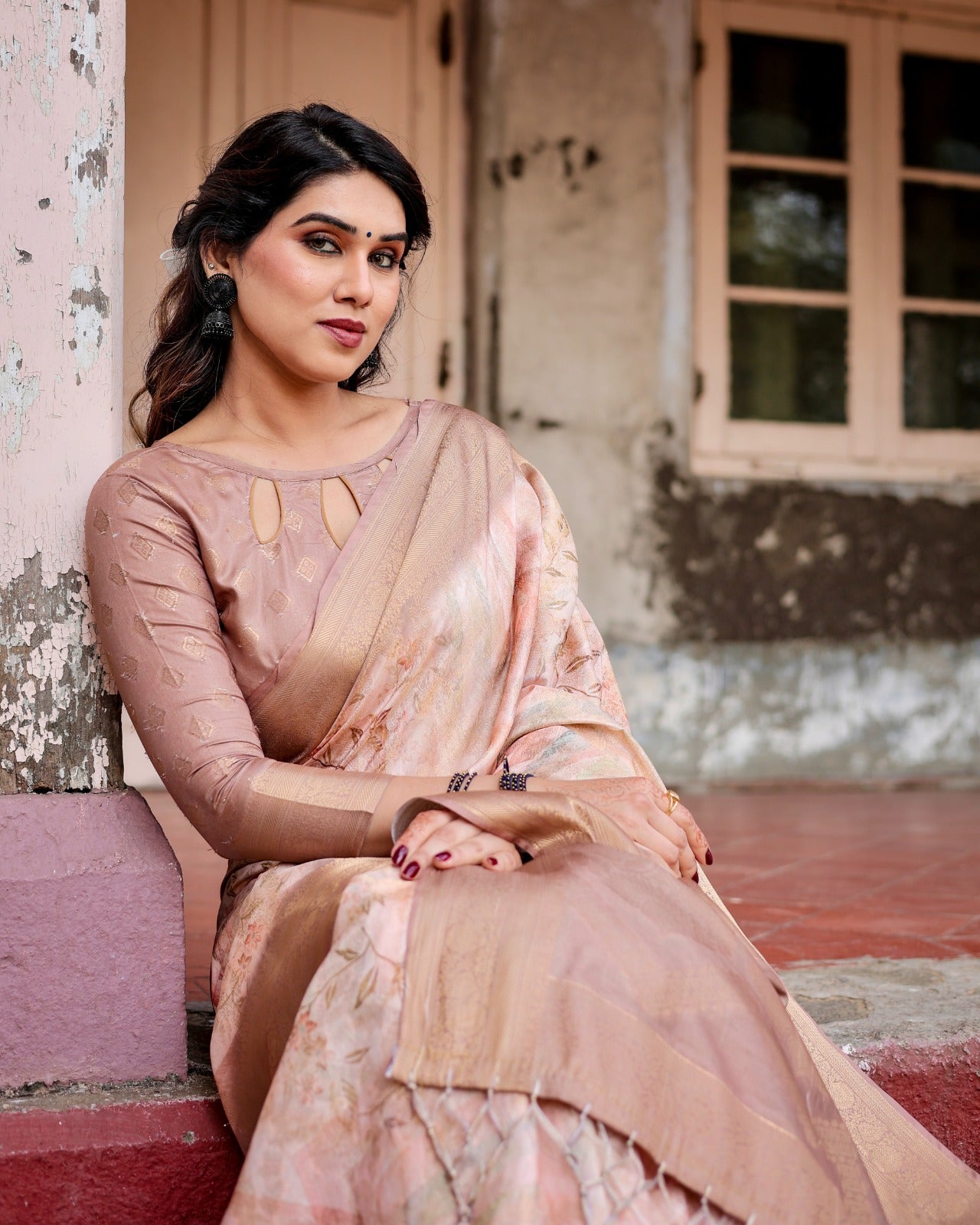 Elegant Digital Print Banarasi Saree in Beige with Designer Blouse