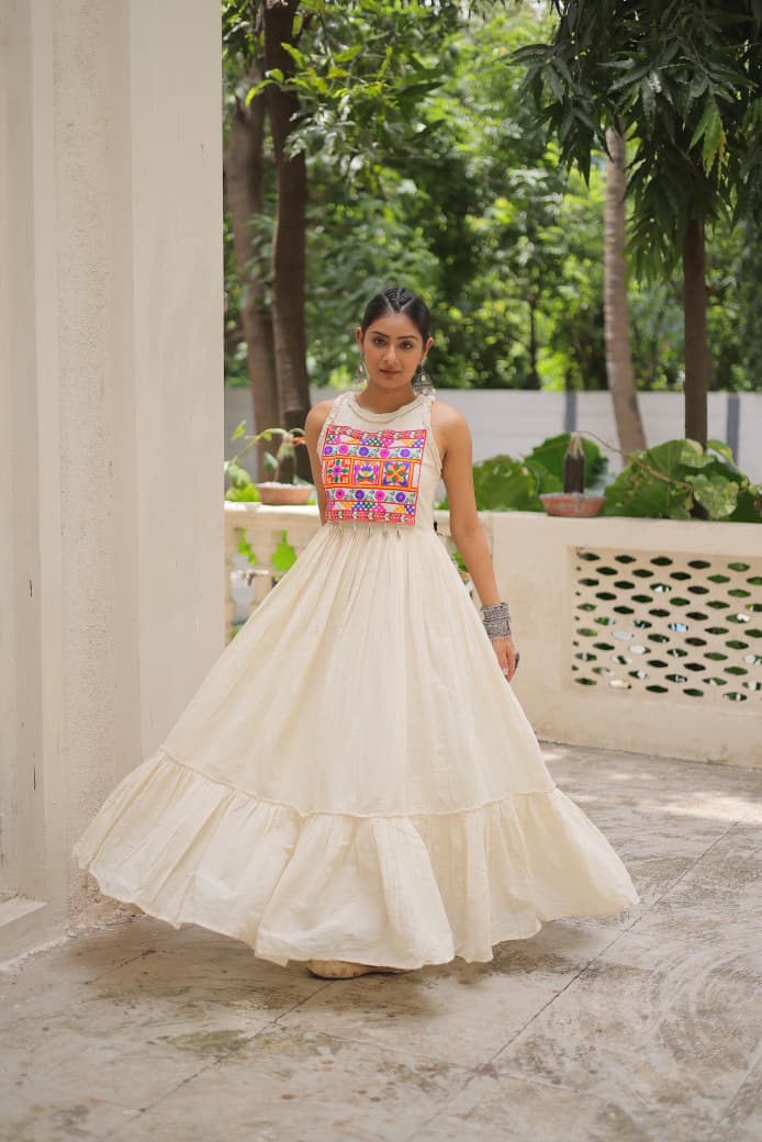 Off-White Kora Cotton Embroidered Gown for Navratri 2025