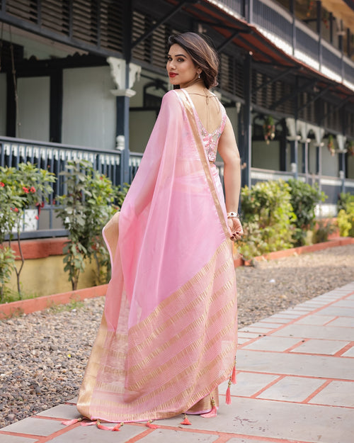 Baby Pink Chiffon Saree with Golden Zari Pallu and Floral Border – Trendraani