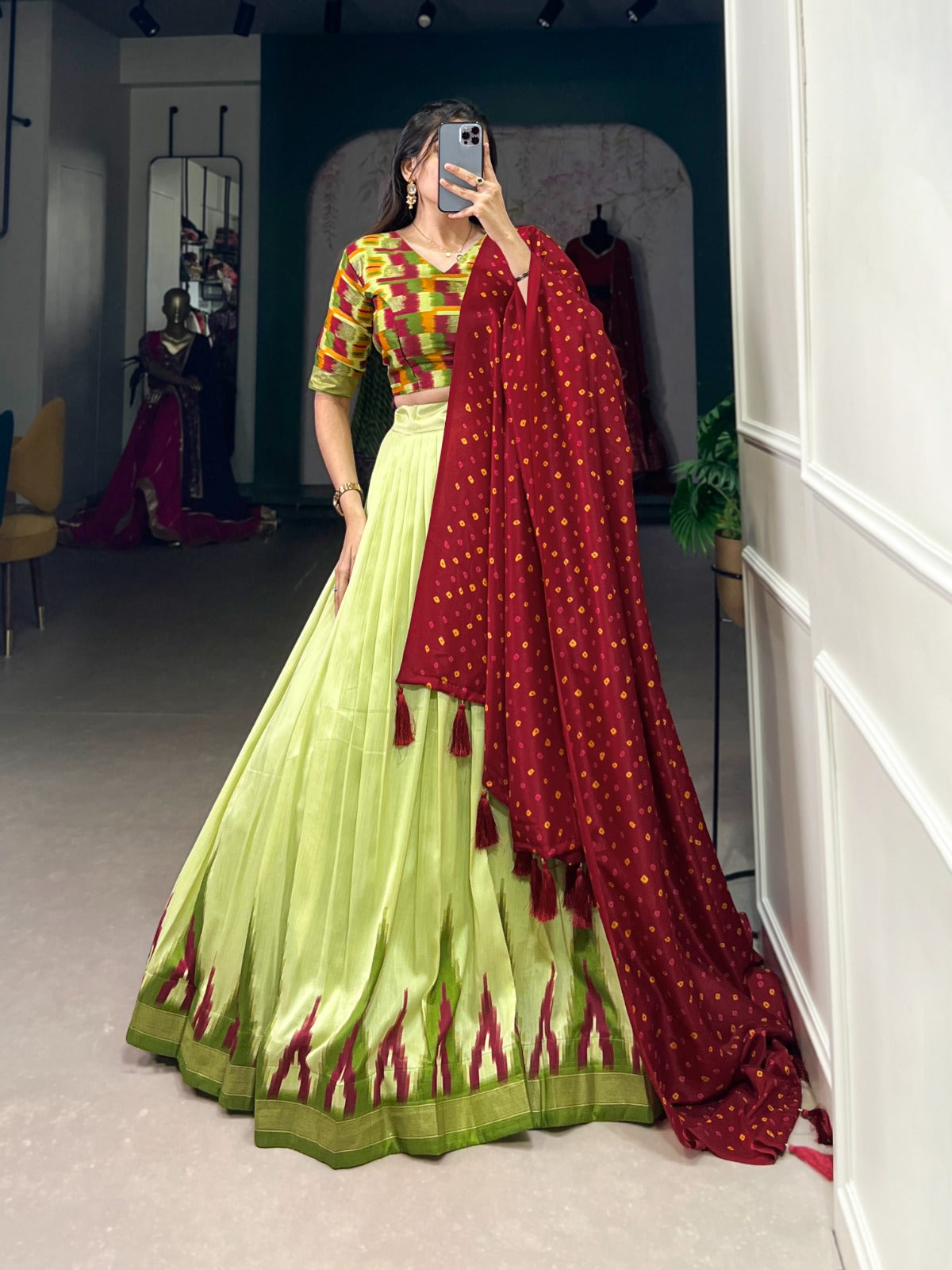 Tussar Silk Lehenga Choli with Foil Print and Bandhej Dupatta – Trendraani