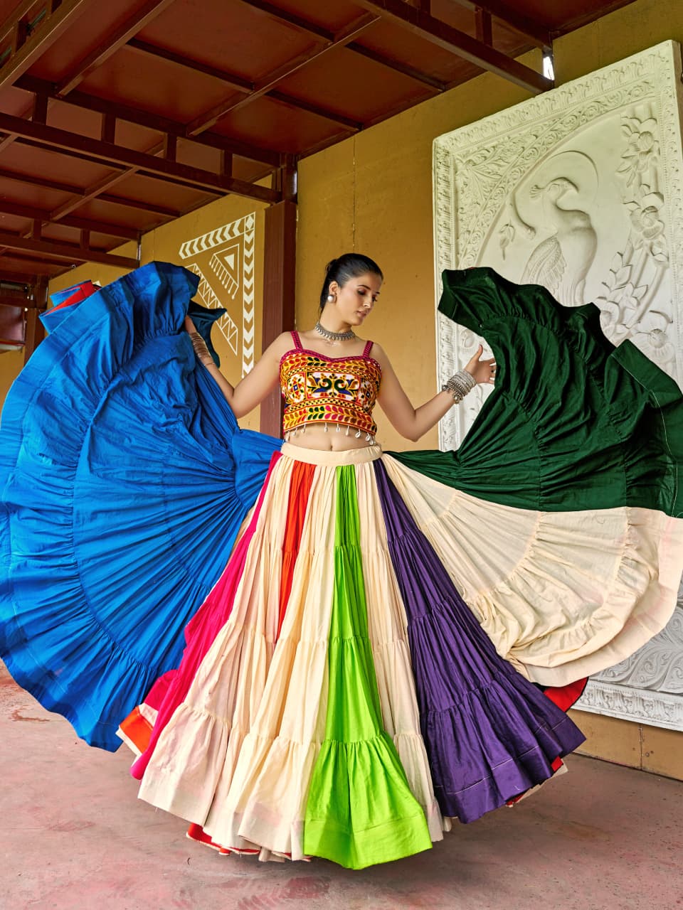 Multicolor Gamthi Lehenga Choli with 25 Meter Flair for Navratri