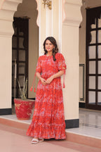 Faux Georgette Printed Gown with 7 Meter Flair & Bell Sleeves