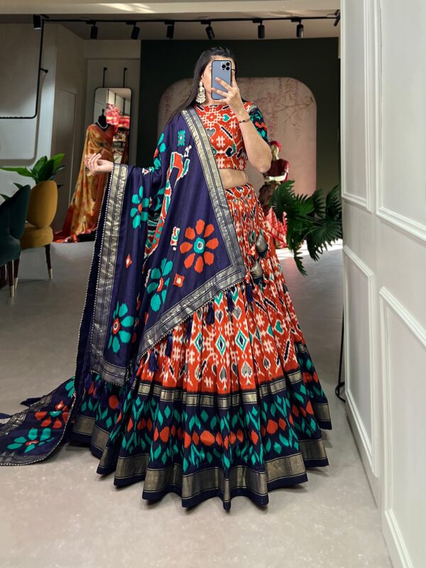 Ikkat 1 Tussar Silk Lehenga Choli with Patola Print and Foil Work, Stitched Blouse & Dupatta