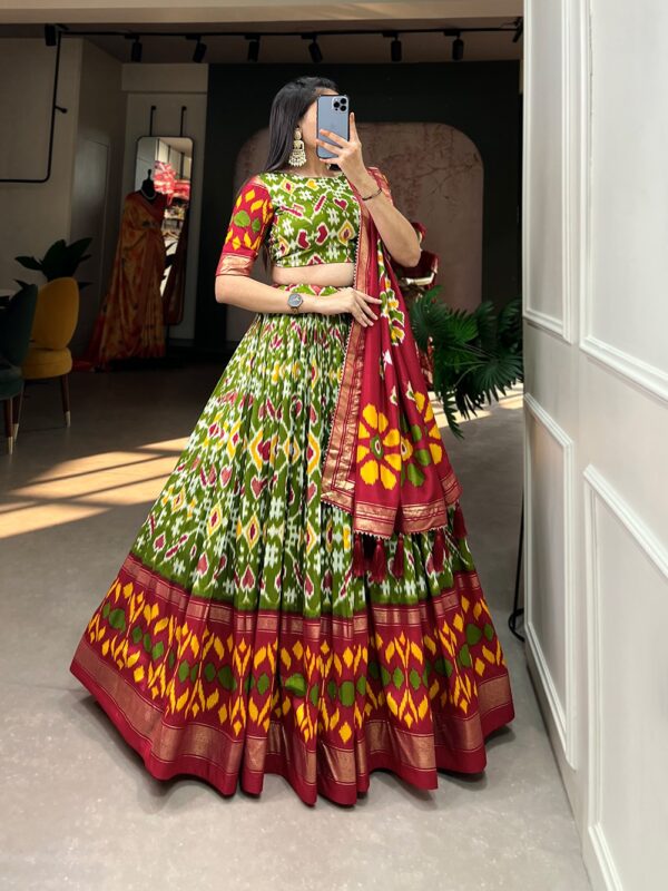 Ikkat 1 Tussar Silk Lehenga Choli with Patola Print and Foil Work, Stitched Blouse & Dupatta