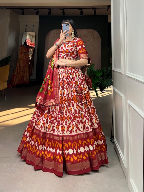 Ikkat 1 Tussar Silk Lehenga Choli with Patola Print and Foil Work, Stitched Blouse & Dupatta