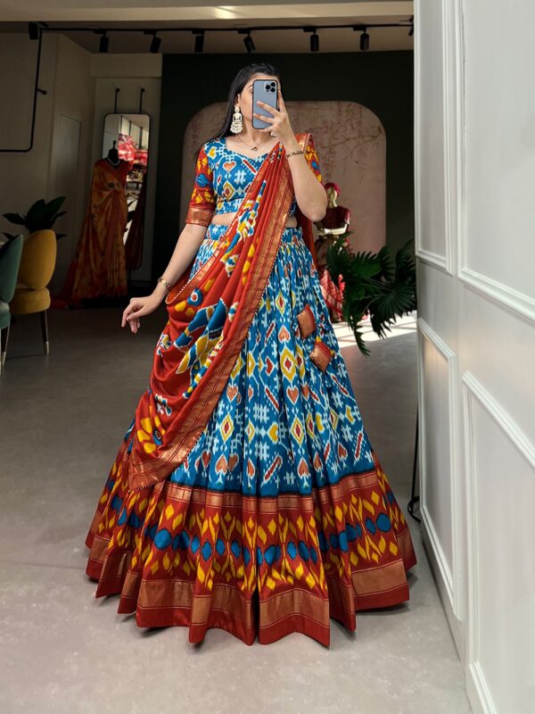 Ikkat 1 Tussar Silk Lehenga Choli with Patola Print and Foil Work, Stitched Blouse & Dupatta