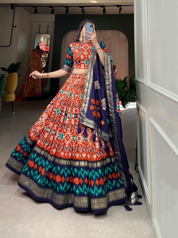 Ikkat 1 Tussar Silk Lehenga Choli with Patola Print and Foil Work, Stitched Blouse & Dupatta