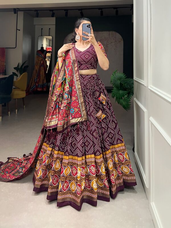 Bandani Tussar Silk Lehenga Choli with Bandhej and Patola Prints