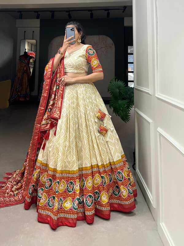 Bandani Tussar Silk Lehenga Choli with Bandhej and Patola Prints