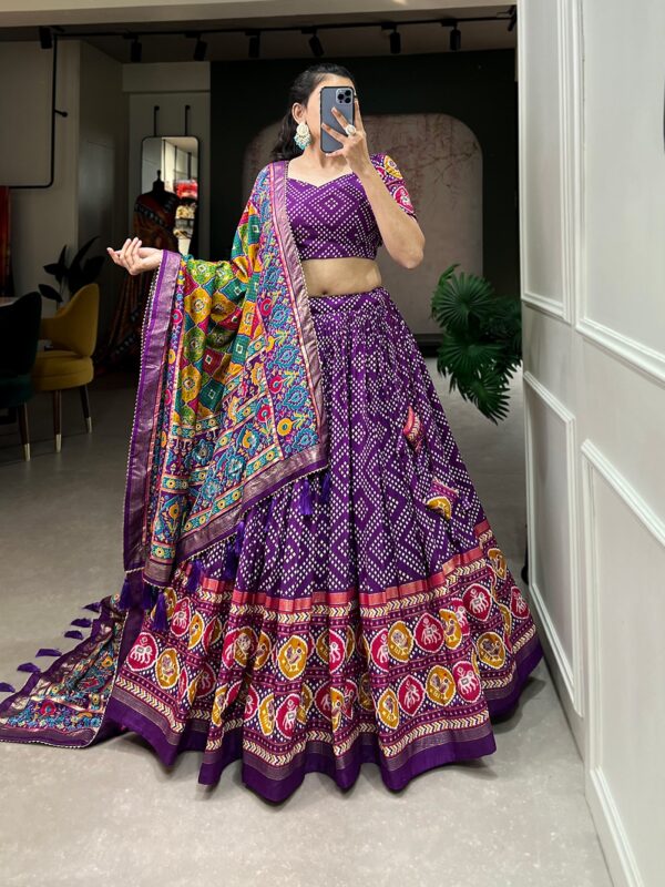 Bandani Tussar Silk Lehenga Choli with Bandhej and Patola Prints