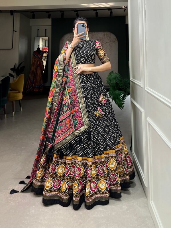 Bandani Tussar Silk Lehenga Choli with Bandhej and Patola Prints