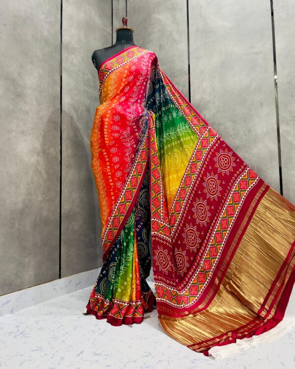 Bandhani Silk Saree with Gaji Silk Lagdi Border - Digital Print Designer Saree