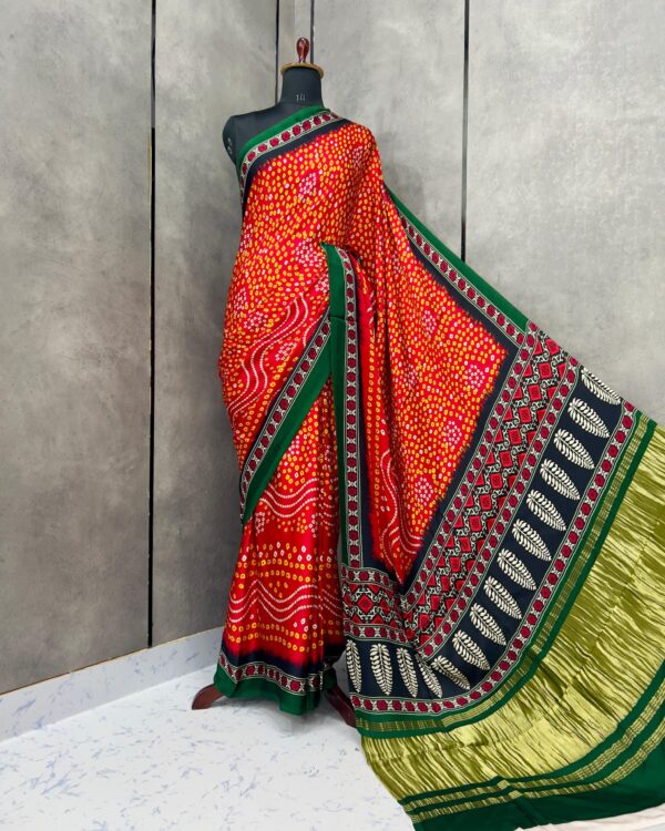 Bandhani Silk Saree with Gaji Silk Lagdi Border - Digital Print Designer Saree