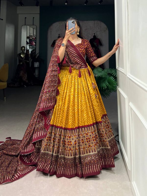 Ajarakh Bandhej Lehenga Choli – Tussar Silk Festive Wear