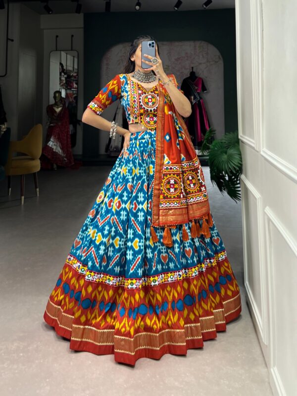 Printed Tussar Silk Lehenga Choli with Gamthi and Mirror Work